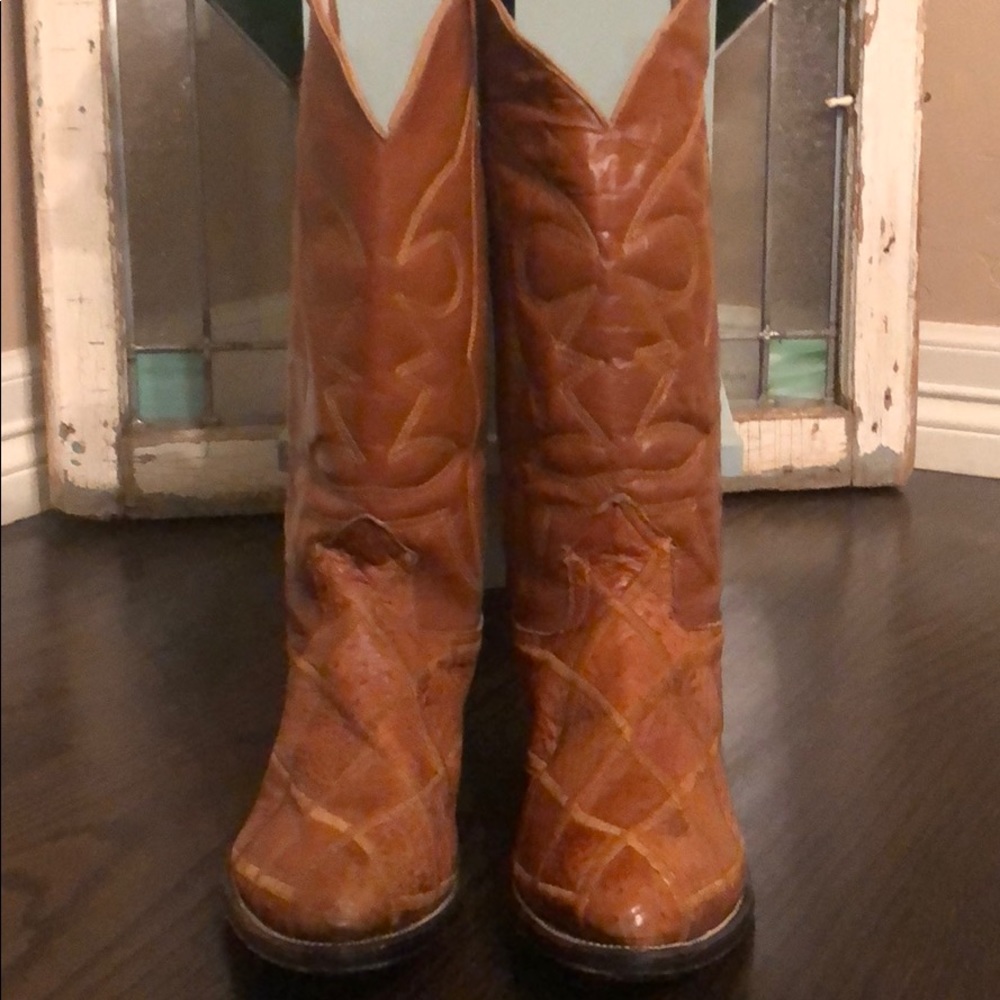 Vintage Cross stitched Ostrich quilt Boots 9.5 D